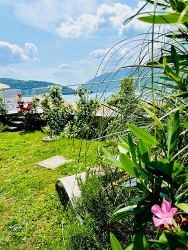 a garden with flowers and a view of the water at Dock House in Marone