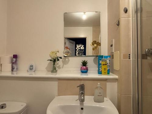 a bathroom with a sink and a toilet and a mirror at Cosy 1-Bedroom Apartment in Central Grays with Parking & Excellent Transport Links in Stifford