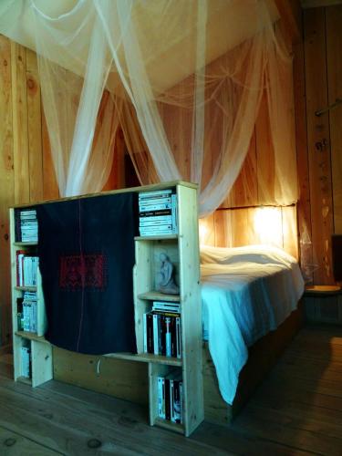 une chambre avec un lit à baldaquin et une étagère à livres dans l'établissement Gîte cosy Petit Canaillou, à Saint-André-de-Cruzières