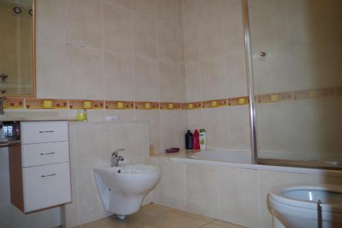La salle de bains est pourvue d'un lavabo, de toilettes et d'une douche. dans l'établissement BellaVita City Faro, à Faro