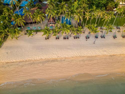 an overhead view of a beach with chairs and palm trees at Coco Palm Beach Resort - SHA Extra Plus in Mae Nam