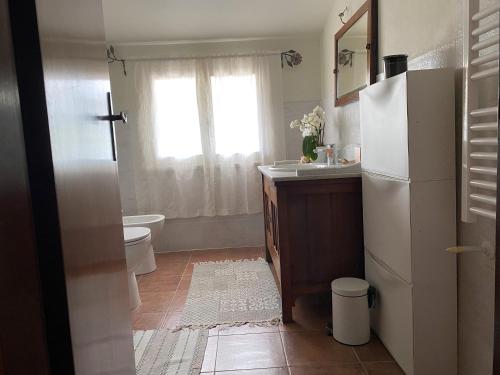 a bathroom with a sink and a white refrigerator at Villa Gioia sui colli Euganei in Torreglia