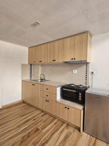 a kitchen with wooden cabinets and a sink and a microwave at Sunshine Apartment in Sarandë