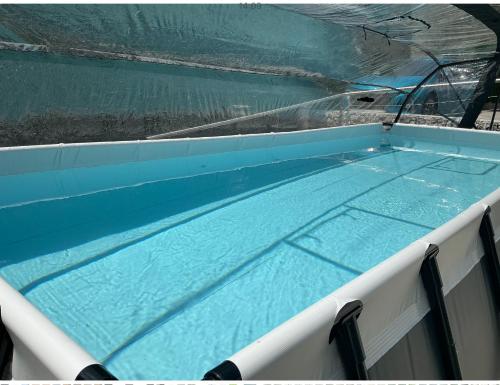 a large swimming pool with blue water at Gartenloft mit Pool in Imsterberg