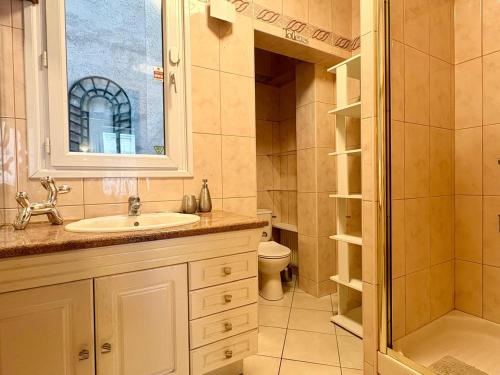 une salle de bain avec un lavabo, une douche et des toilettes dans l'établissement Appartement Central St Germain, à Paris