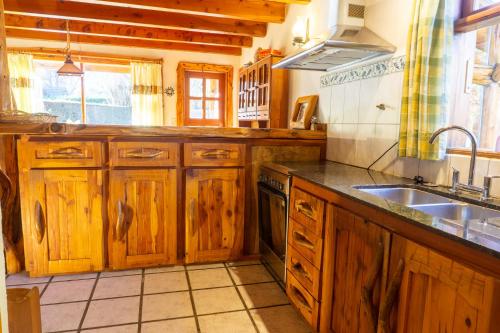 a kitchen with wooden cabinets and a sink at Oasis del Sur in Villa La Angostura