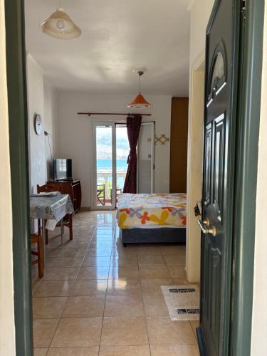 a bedroom with a bed and a view of the ocean at Κaryatis studios lixouri in Lixouri
