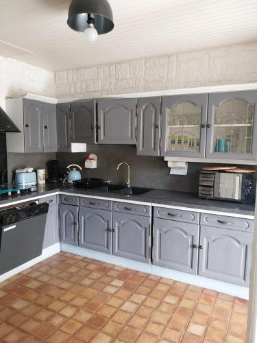 une cuisine avec des armoires grises et un évier dans l'établissement Mamie House, à Muhlbach-sur-Bruche