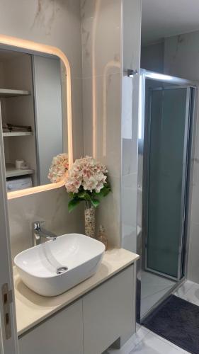 a bathroom with a sink and a glass shower at Kyra apartment in Polis Chrysochous