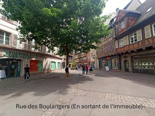 a street in a city with people walking down the street at Chambre - Centre historique - Equipée - Salle d'eau et WC privés in Colmar