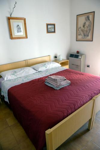 a bedroom with a bed with a red blanket at Appartamento Climatizzato con Piscina Ca' Aurelia in Lido di Savio