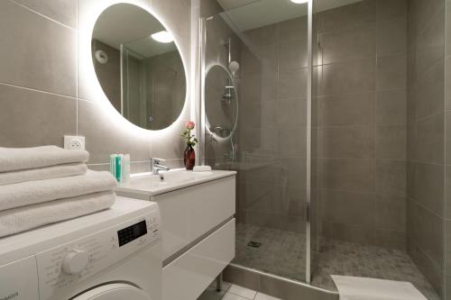 une salle de bain avec une douche, un lavabo et un miroir dans l'établissement Le Domino - Cran Gevrier center - Annecy, à Annecy