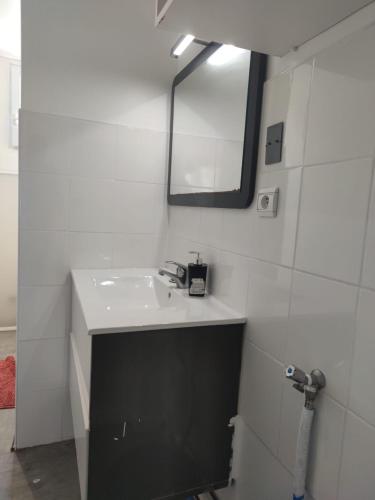 une salle de bain blanche avec un lavabo et un miroir dans l'établissement Cozy house between Disney and Paris, à Courtry