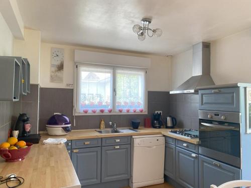 une cuisine avec des armoires bleues, un évier et une fenêtre dans l'établissement Gite 4 - Maison la Vigneronne, à Mittelwihr