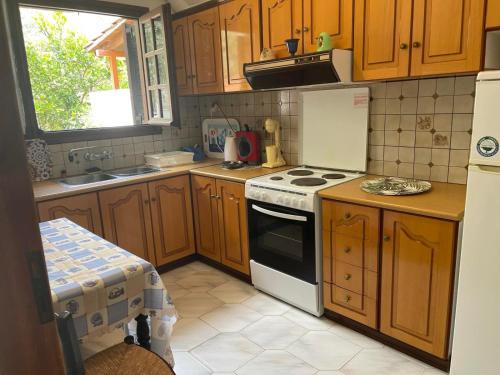a kitchen with wooden cabinets and a white stove top oven at ELAIA by the sea guesthouse in Soúrpi