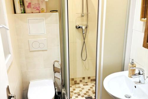 une salle de bain avec une douche, des toilettes et un lavabo dans l'établissement Pleasant apt wagram neighborhood, à Paris