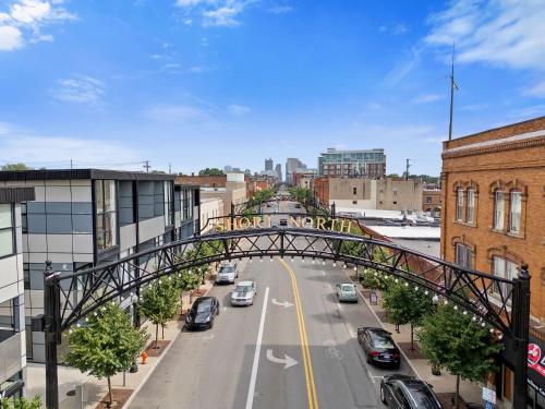 an overhead view of a city street with a bridge at The Luxe Pearl Residences in Columbus