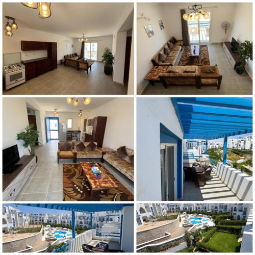 a collage of four pictures of a living room at Amazing 3 Bedrooms Penthouse MountainView Northcoast - Ras Elhekma in Ras Elhekma