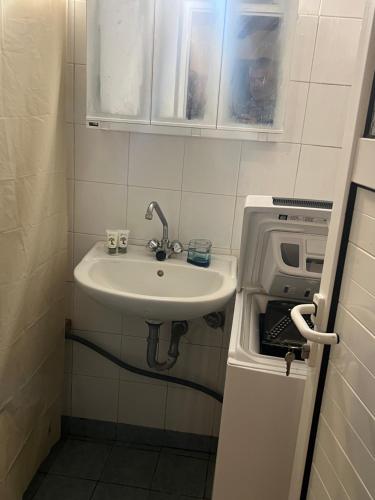 a bathroom with a sink and a washer and dryer at Ikarian traditional house in Agios Kirykos