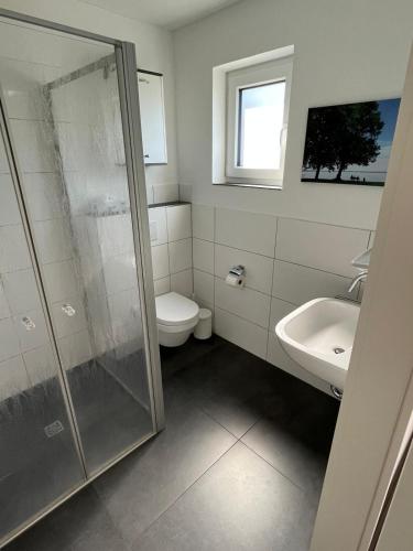 a bathroom with a shower and a toilet and a sink at Hempen Fied Gästehaus - Apartment 3 in Bad Zwischenahn
