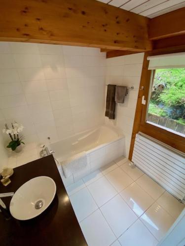 une salle de bain avec un lavabo et une baignoire dans l'établissement Saint-Jorioz, villa , terrasse 8pers, à Saint-Jorioz