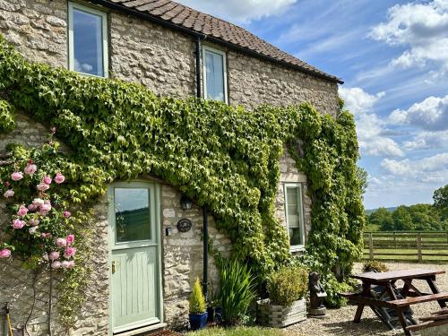 a stone house with a green door and ivy at Kirkdale Cottage in Helmsley
