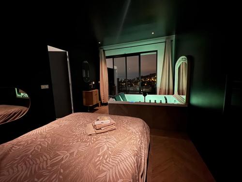 - une chambre avec un lit et une baignoire dans une fenêtre dans l'établissement La vue, à Rouen