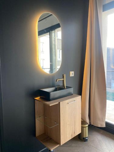 une salle de bain avec un lavabo et un miroir dans l'établissement La vue, à Rouen