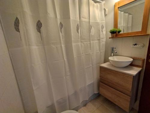 a bathroom with a sink and a shower curtain at Amado Sur Apartment in San Carlos de Bariloche