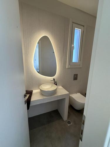 a bathroom with a sink and a mirror and a toilet at Achinos Kimolos Studios in Kimolos