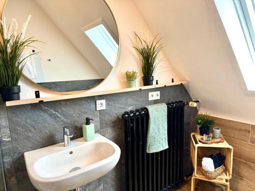a bathroom with a sink and a mirror and a radiator at RiversideMosel Neumagen in Neumagen-Dhron