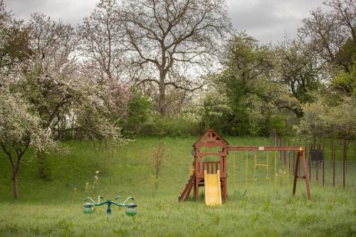 a playground in a field with a play structure at Trei Lumi in Deleni