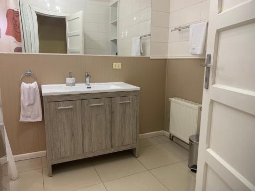 a bathroom with a sink and a mirror at Puerto Bories House, holiday home rentals in Patagonia in Puerto Natales