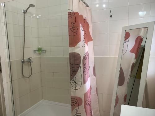 a bathroom with a shower and a shower curtain at Puerto Bories House, holiday home rentals in Patagonia in Puerto Natales