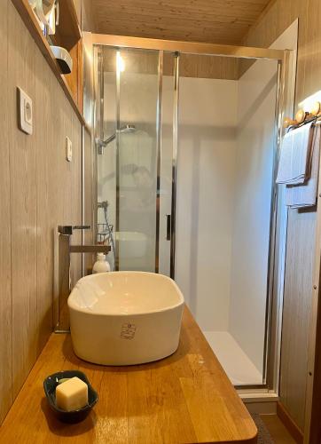 La salle de bains est pourvue d'une grande baignoire sur un comptoir en bois. dans l'établissement Chambre à la campagne, à Chamblac