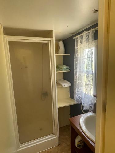 une salle de bain avec douche et lavabo dans l'établissement Le Chêne Doré, à Villelongue-dʼAude