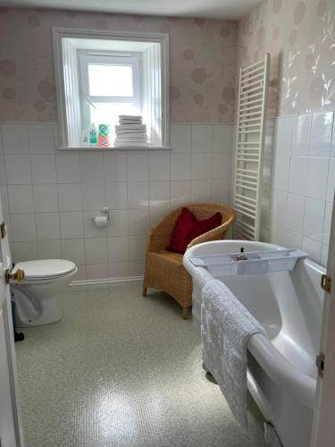 a bathroom with a tub and a toilet and a window at Barcloy Honey House in Kirkcudbright