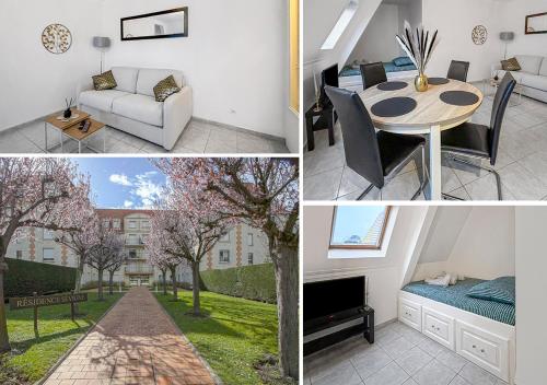 un collage de photos d'un appartement avec une table et un mobilier dans l'établissement Charmant studio rénové cosy, à Deauville