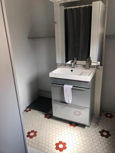 une salle de bain avec un lavabo et un miroir dans l'établissement Le Rameau, à Sainte-Menehould