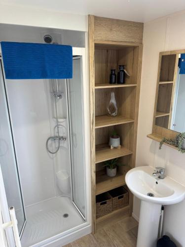a bathroom with a shower and a sink at Fantasy Island - Eastgate D7 - The Merlin with Hot Tub - Coastal Caravan Breaks in Ingoldmells