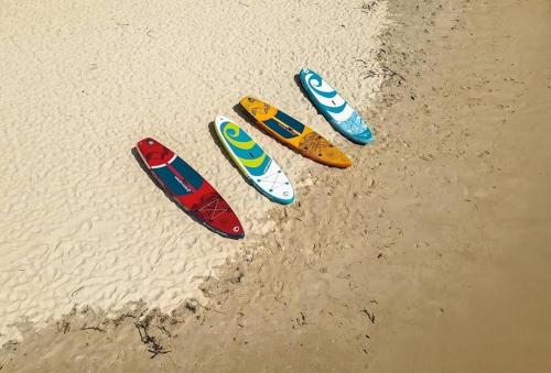 four surfboards lined up in the sand on the beach at Sweet Honey homestay in Jūrmala