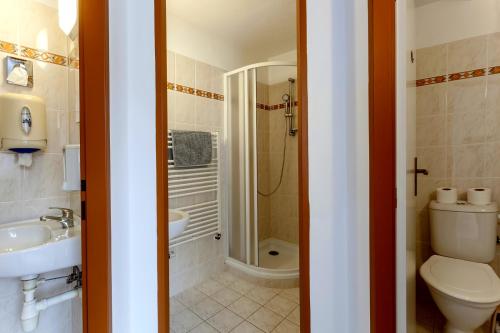 a bathroom with a toilet and a sink and a shower at Pension U Lípy in Rovečné