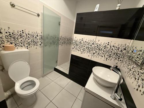 a bathroom with a toilet and a shower and a sink at Luxury beach studio in Mamaia Nord
