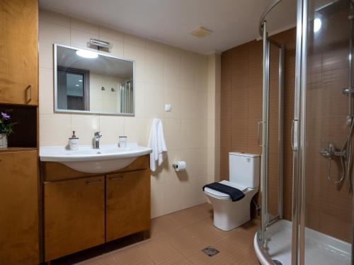 a bathroom with a sink and a shower and a toilet at Ergina Apartments Gournes Studio & Family Apartment in Gournes