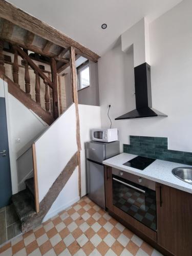 une cuisine avec un évier et une cuisinière four supérieur dans l'établissement L'appartement de Georges, à Auxerre