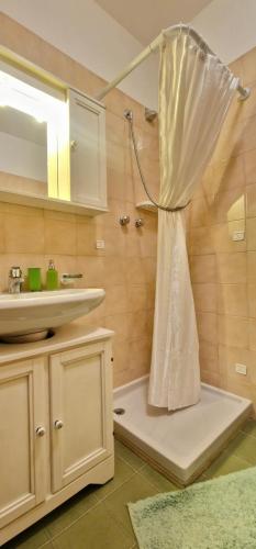 a bathroom with a shower curtain and a sink at Nido IN montagna in Tarvisio