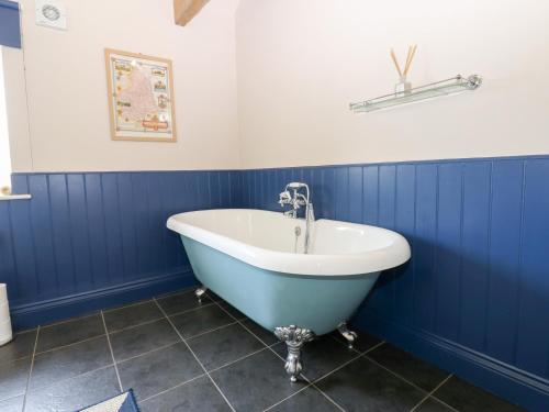 a blue and white bath tub in a bathroom at Gallow Law Cottage in Greenhaugh
