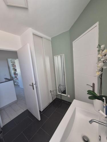 une salle de bain avec un lavabo blanc et un miroir dans l'établissement Villa Cevalia, à Balaruc-les-Bains