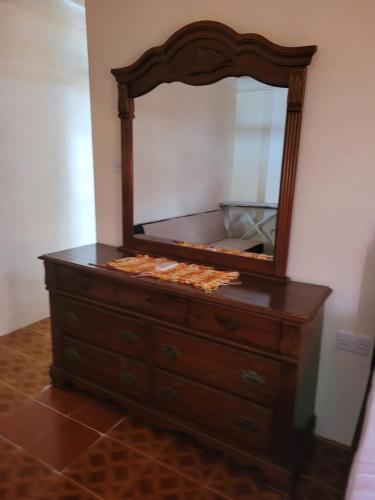 a dresser with a mirror on top of it at Pacific View Apartment in Roseau