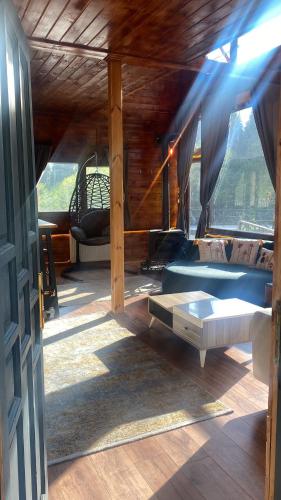 a living room with a blue couch in a cabin at Ayder Villas in Çamlıhemşin
